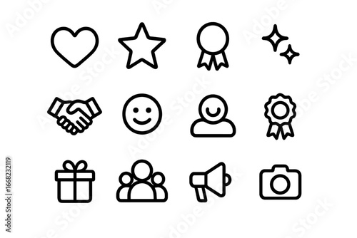 Brand Values Icons. Outline icon set of brand values representation: heart, star, ribbon, handshake, smile,