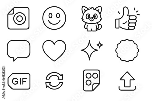 Branded Icons Set. Outline icon set of branded stickers and GIFs: logo sticker, emoji face, brand mascot,