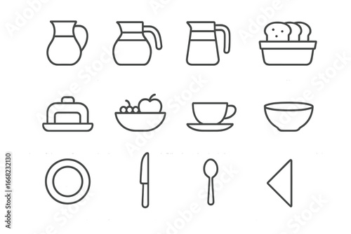 Breakfast Icon Set. Outline icon set of breakfast table setup: water carafe, coffee pot, juice jug, bread