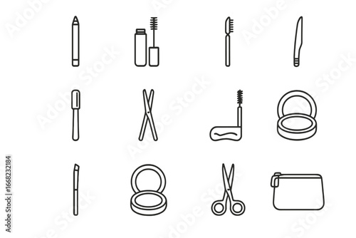 Brow Kit Icons. Outline icon set of eyebrow shaping salon kit: brow pencil, brow gel, brow pomade, brow razor,