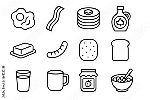 Breakfast Icon Set. Outline icon set of traditional breakfast foods: scrambled eggs, bacon strip, pancakes