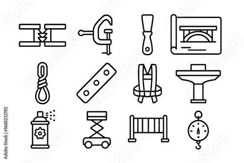 Bridge Maintenance Icons. Outline icon set of bridge and overpass maintenance: joint expansion seal, railing