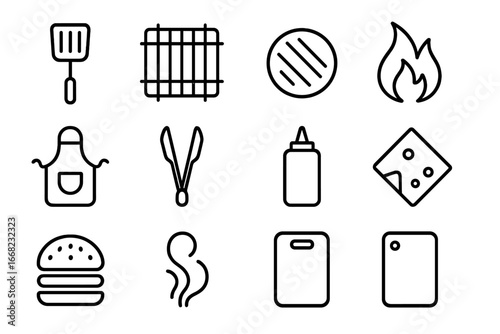 Burger Grill Icons. Outline icon set of flipping burgers on the grill: spatula, grill grate, burger patty,