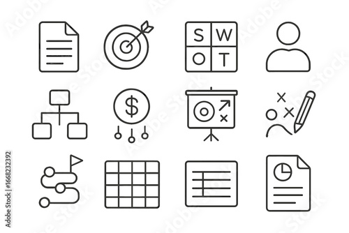 Business Plan Icons. Outline vector icons of creating a business plan: document icon, mission statement, SWOT