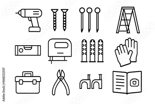 Camera Installation Tools. Outline icon set of camera installation tools: drill tool, mounting screws, cable