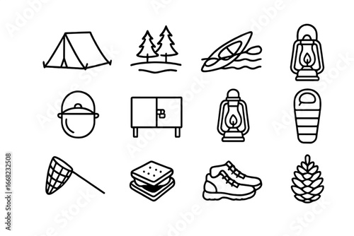 Camping Adventure Icons. Outline icon set of wilderness camping near lakes: pitched tent, forest line, kayak