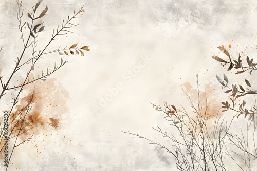 Minimalist Organic Abstract Layout in Beige and Brown with Botanical Elements and Gentle Flowing Lines grunge background with grass and flowers