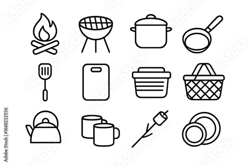Camping Food Prep Icons. Outline icon set of camping food prep: campfire, grill, pot, pan, spatula, cutting
