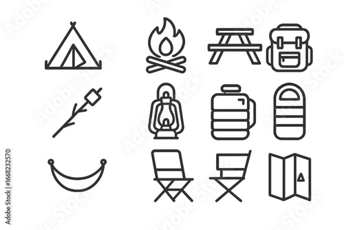 Camping Icon Collection. Outline icon set of group camping: tent, campfire, picnic table, marshmallow stick,
