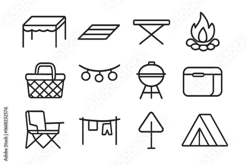 Camping Essentials Icons. Outline icon set of camp site setup: awning, outdoor mat, folding table, campfire