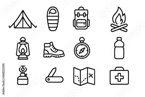 Camping Icons Grid. Outline icon set of camping essentials: tent, sleeping bag, backpack, campfire, lantern,