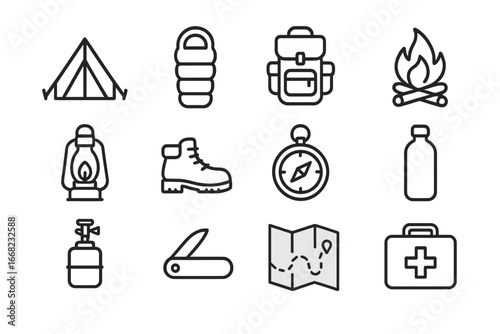 Camping Icons Grid. Outline icon set of camping essentials: tent, sleeping bag, backpack, campfire, lantern,