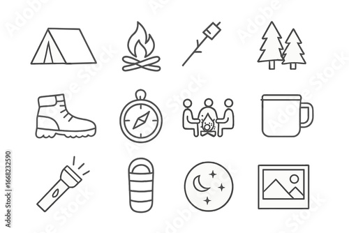 Camping Memory Icons. Outline vector icons of camping memories: tent, campfire, marshmallow stick, forest icon