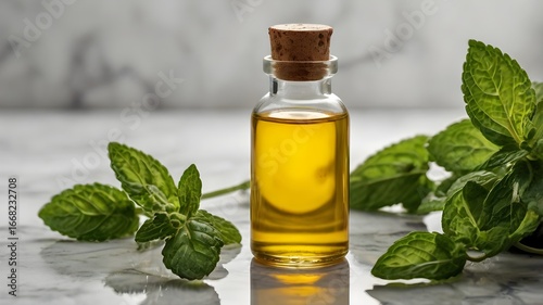 A glass bottle filled with golden-yellow oil, sealed with a white cap, placed on a smooth white marble background. Fresh green mint leaves are arranged around the bottle.