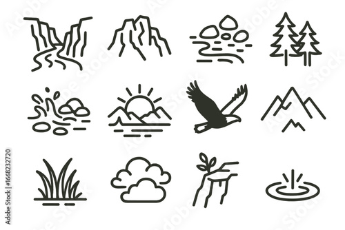 Canyon River Icons. Outline icon set of winding river through rocky canyon: flowing stream, jagged cliffs,
