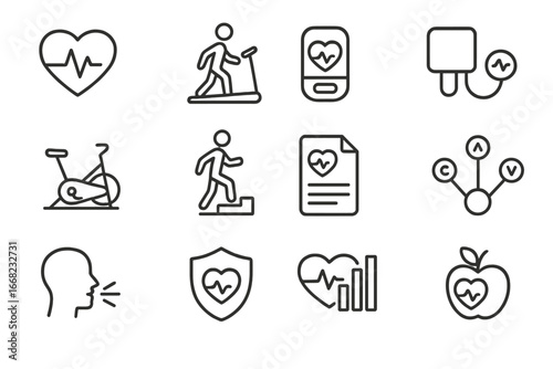Cardiac Rehab Icon Set. Outline icon set of cardiac rehabilitation: heart monitor, treadmill walk, pulse