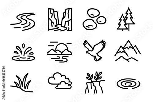 Canyon River Icons. Outline icon set of winding river through rocky canyon: flowing stream, jagged cliffs,