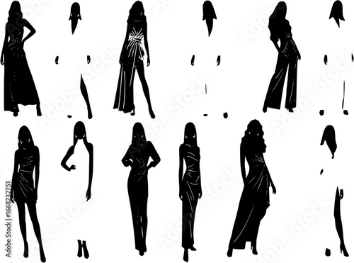 Set of stylish abstract women in dress. Collection of diversity elegant faceless female. Modern minimal vector illustration isolated on white background.