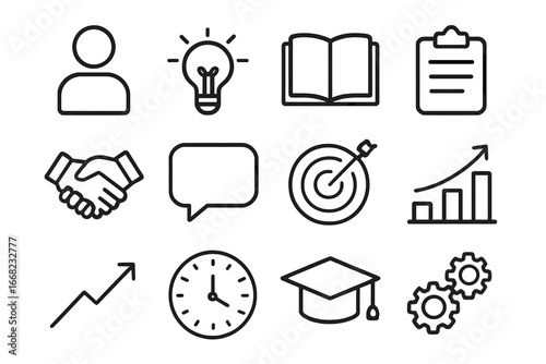 Career Coaching Icons. Outline icon set of career coaching: person icon, lightbulb, open book, clipboard,
