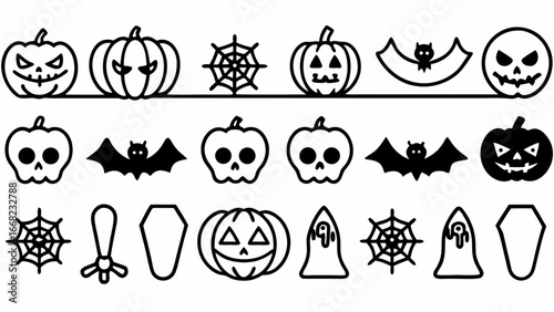 Halloween Icon Set: Spooky Pumpkins, Bats, Skulls, Cobwebs, and More in Bold Black Line Art Style.