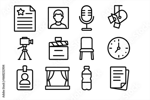 Casting Session Icons. Outline icon set of casting session scheduling: audition sheet, headshot photo,