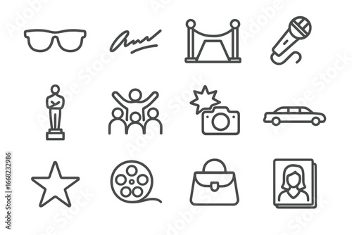 Celebrity Culture Icons. Outline icon set of celebrity culture: sunglasses, autograph, red carpet, microphone,