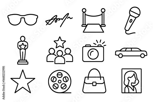 Celebrity Culture Icons. Outline icon set of celebrity culture: sunglasses, autograph, red carpet, microphone,