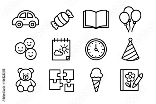 Child Reward Icons. Outline icon set of child behavior rewards: toy car, candy, storybook, balloons, stickers,