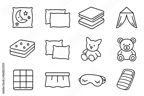 Children's Bedding Icons. Outline icon set of children’s bedding: cartoon duvet, pillowcases, fitted sheets,