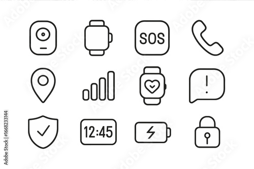 Child Safety Wearable Icons. Outline icon set of smart wearables for child safety: GPS tracker, smartwatch,