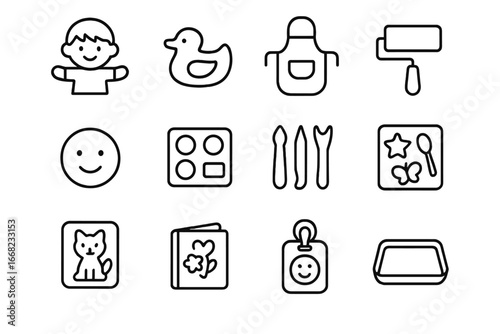 Children's Clay Workshop Icons. Outline icon set of children’s clay workshop: cartoon figure, simple mold,