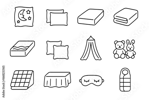 Children's Bedding Icons. Outline icon set of children’s bedding: cartoon duvet, pillowcases, fitted sheets,