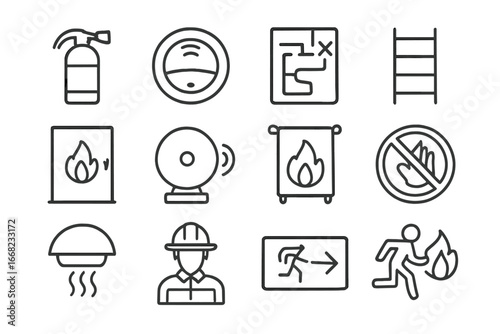Children's Fire Safety Icons. Outline icon set of fire safety for children: fire extinguisher, smoke alarm,