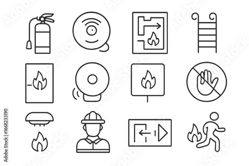 Children's Fire Safety Icons. Outline icon set of fire safety for children: fire extinguisher, smoke alarm,