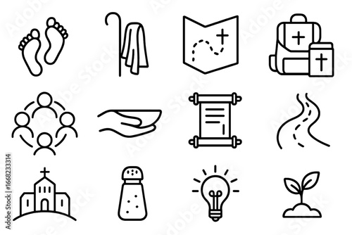 Christian Discipleship Icons. Outline icon set of Christian life and discipleship: walking feet, staff and
