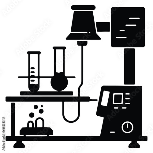 Scientific experiment setup for chemical analysis and research using test tubes and advanced equipment in a laboratory environment with black and white design
