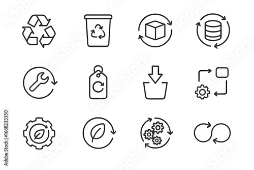 Circular Economy Icons. Outline icon set of circular economy supply: recycling loop, reusable bin, product