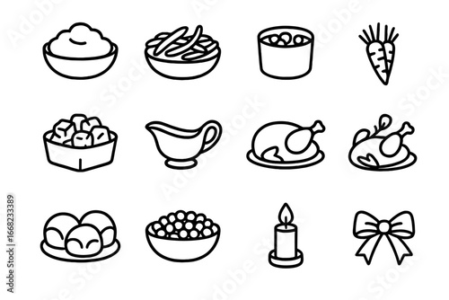 Classic Holiday Icons. Outline icon set of classic holiday sides: mashed potatoes, green beans, cranberry