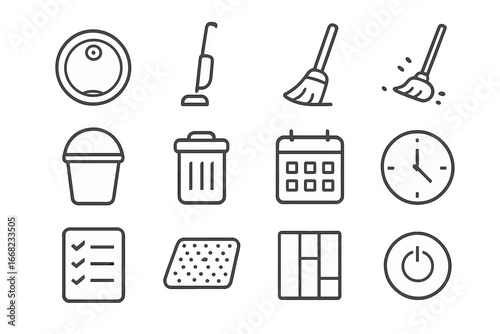 Cleaning Task Icons. Outline icon set of daily cleaning tasks: robotic vacuum, upright vacuum, broom, mop,