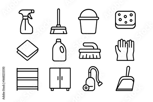 Cleaning Icons Set. Outline icon set of storing cleaning products in a designated space: spray bottle, mop,