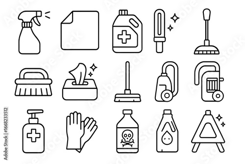 Cleaning Tools Icons. Outline icon set of disinfection and cleaning tools: spray bottle, cleaning cloth,