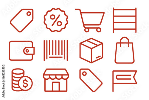 Clearance Sale Icons. Outline icon set of clearance sales: red tag, percentage badge, cart, store shelf,