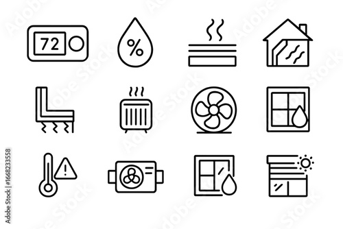 Climate Control Icons. Outline icon set of climate control for stored homes: thermostat, humidity sensor, air