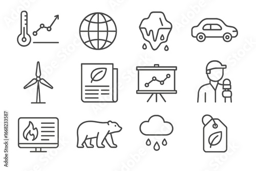 Climate Journalism Icons. Outline icon set of climate journalism: temperature graph, globe icon, melting ice,