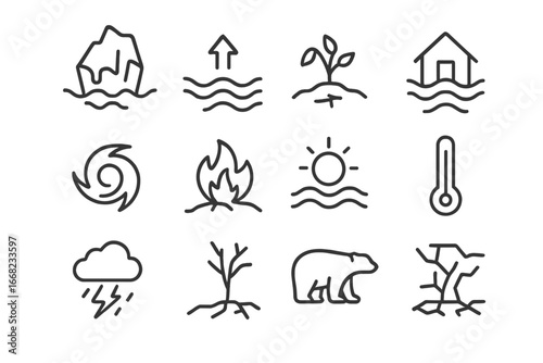 Climate Impact Icons. Outline icon set of climate change impacts: melting ice cap, rising ocean, drought,