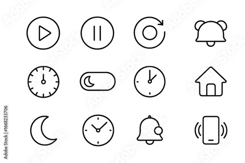 Clock App Icons. Outline vector icons of clock app UI elements: start timer, pause, reset, alarm toggle, time