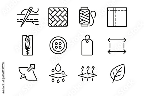 Clothing Quality Icons. Outline icon set of clothing quality features: stitching close-up, fabric texture,