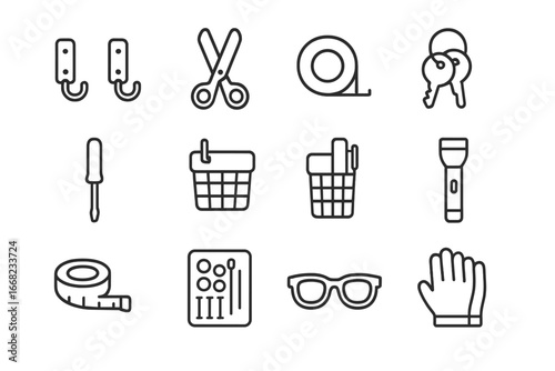 Closet Organizing Icons. Outline icon set of organizing closet pegboard: hooks, scissors, tape, keys,