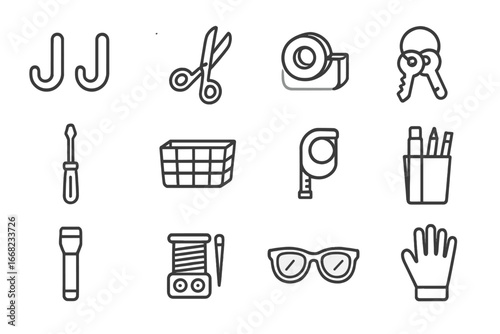 Closet Organizing Icons. Outline icon set of organizing closet pegboard: hooks, scissors, tape, keys,