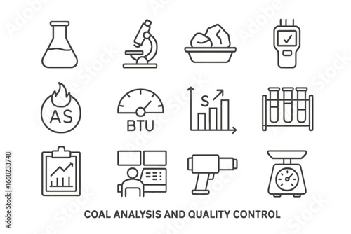 Coal Analysis Icon Set. Outline icon set of coal analysis and quality control: lab flask, microscope, coal